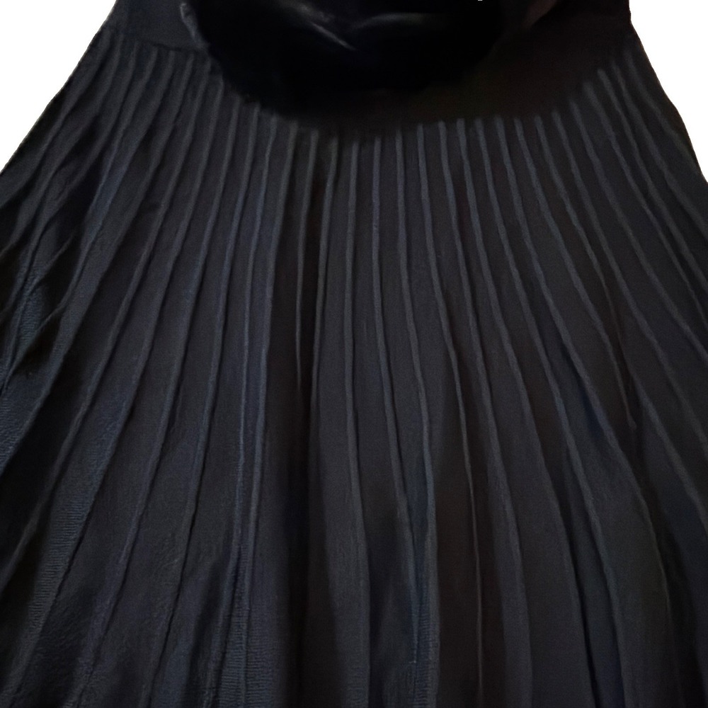 BCX Black Pleated A-Line Dress Womens M Solid Knee Length 3/4 Sleeve Fur Scarf - Picture 2 of 6